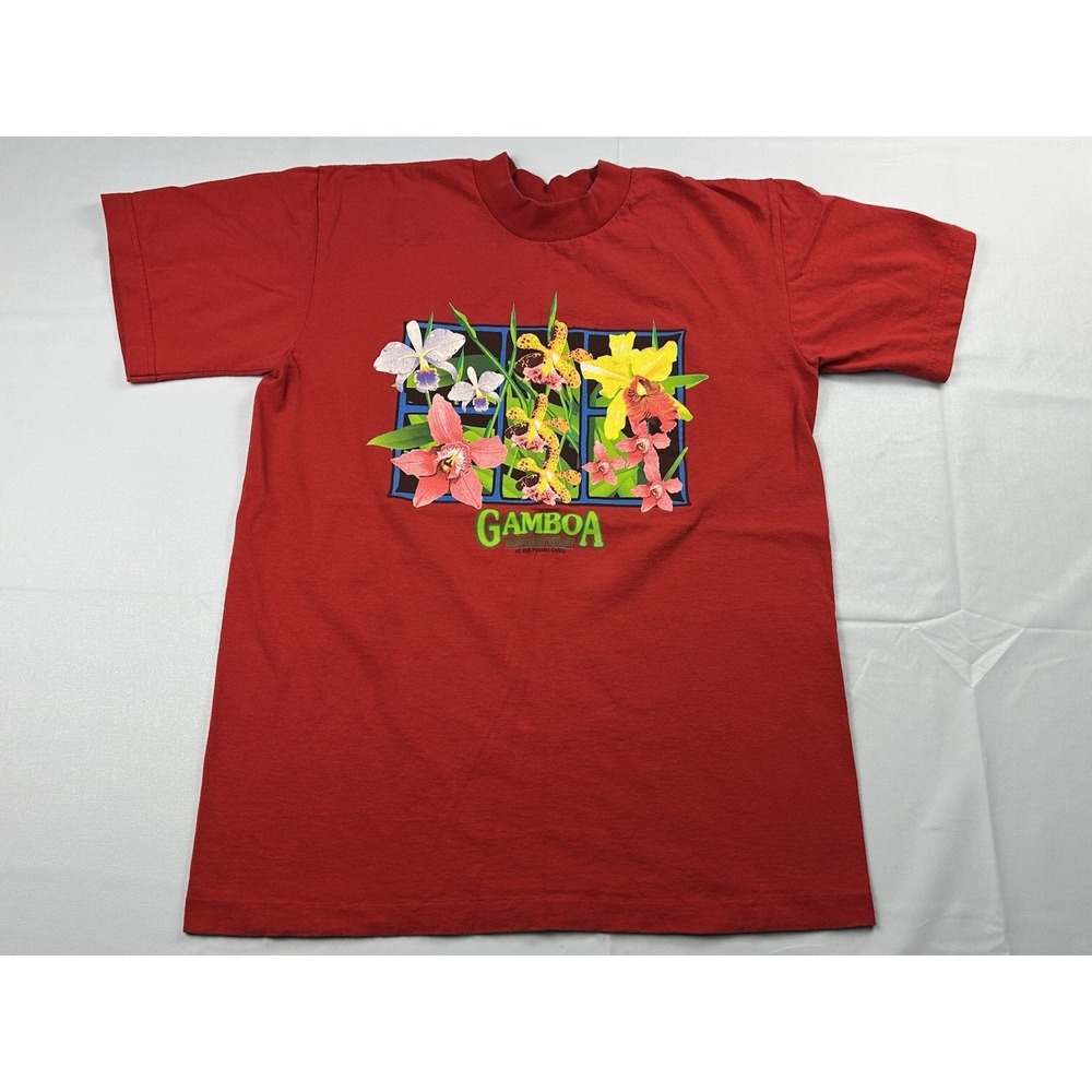 Vintage Gamboa Panama Canal Rainforest Orchid Graphic Tee Red M 90s Travel